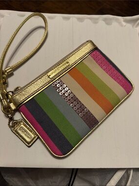 Coach Gold-Trim Multicolor Stripe Wristlet